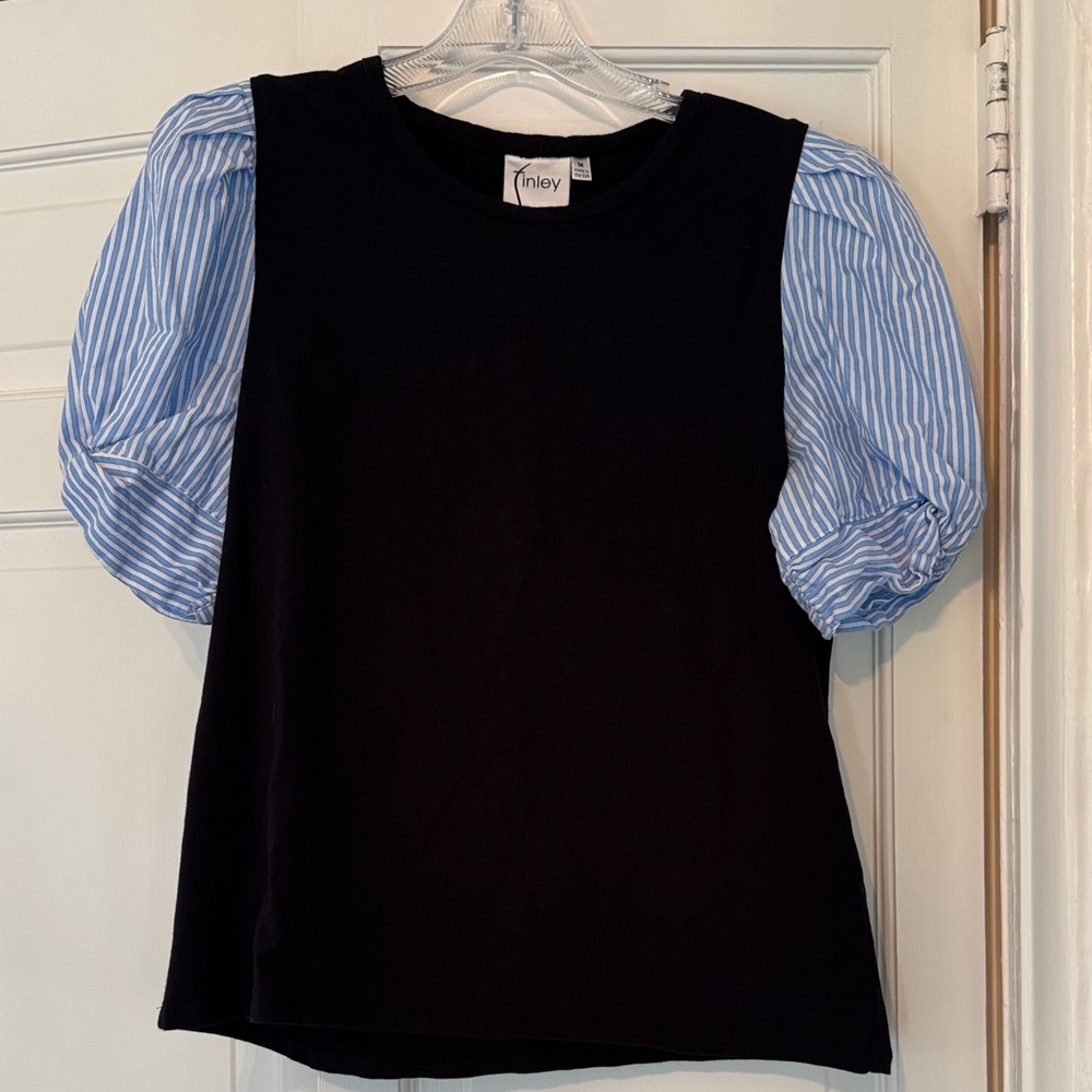 Finley Top with navy Body and Blue Striped puff Sleeves